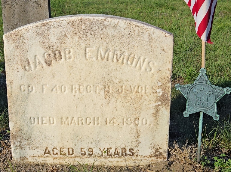 Gravestone of Jacob Emmons, Company F, 40th New Jersey Volunteers, died March 14, 1900, aged 59 years.