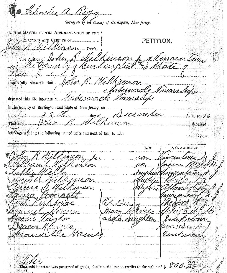 John R Wilkinson: 1916 family court document